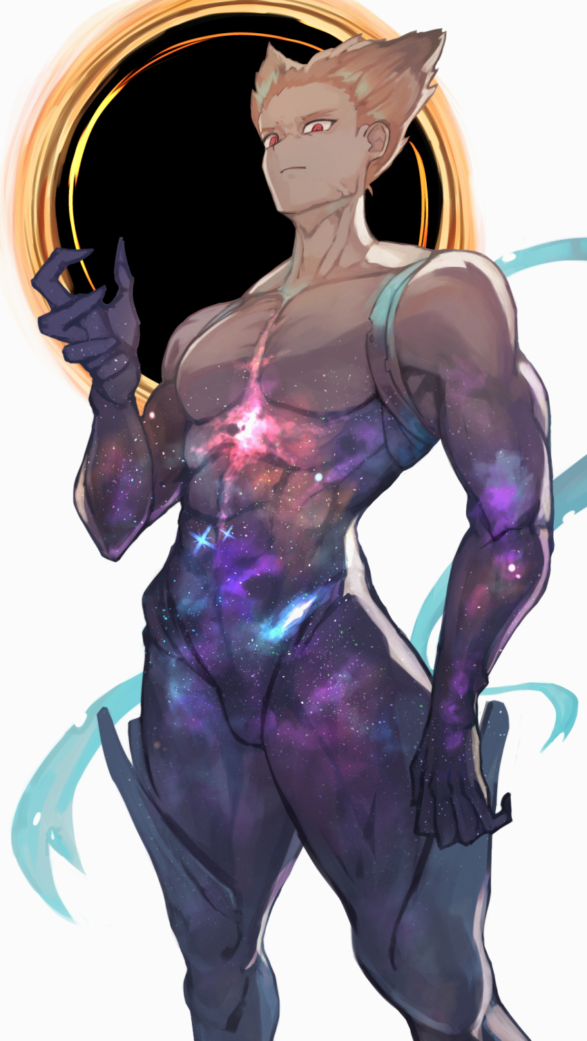 1boy, abs, awakened_garou_(cosmic_fear_mode), bare_shoulders, black_hole, blonde_hair, closed_mouth, commentary