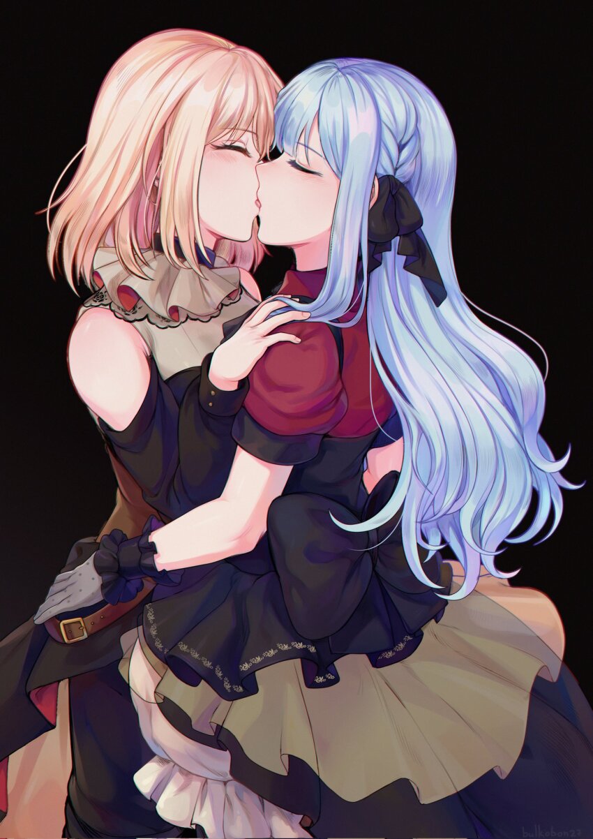 2girls, back_bow, bang_dream!, bang_dream!_it's_mygo!!!!!, black_background, black_bow, black_dress, black_ribbon, blonde_hair, blue_hair, bow, braid, brown_corset, bulkobon, closed_eyes, clothing_cutout, corset, doloris_(bang_dream!), dress, french_kiss, gloves, grey_gloves, hair_ribbon, highres, kiss, long_hair, long_sleeves, medium_hair, misumi_uika, multiple_girls, oblivionis_(bang_dream!), red_shirt, ribbon, shirt, shoulder_cutout, sidelocks, togawa_sakiko, yuri