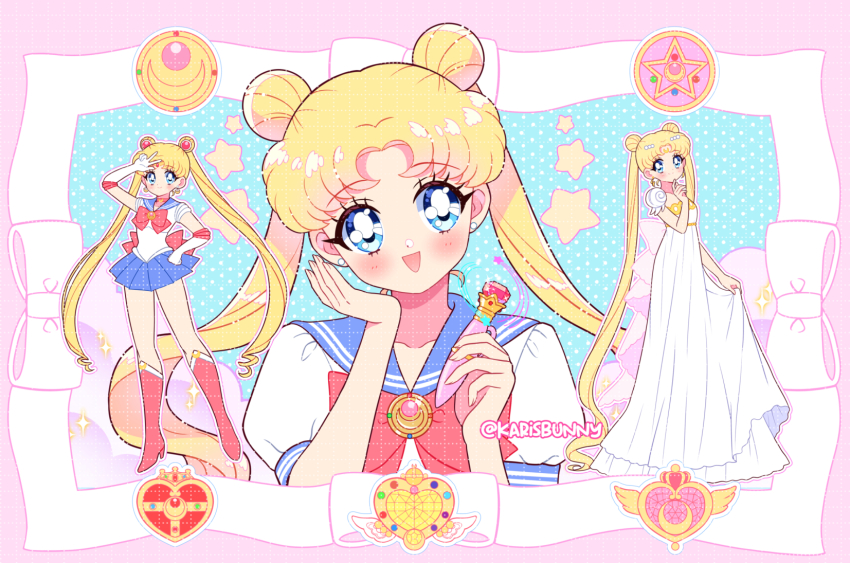 back_bow, bishoujo_senshi_sailor_moon, bishoujo_senshi_sailor_moon_(first_season), blonde_hair, blue_eyes, blue_sailor_collar, bow, choker, cosmic_heart_compact, crescent, crescent_facial_mark, crisis_moon_compact, crystal_star_(sailor_moon), disguise_pen_(sailor_moon), double_bun, dress, earrings, elbow_gloves, facial_mark, forehead_mark, gloves, hair_bun, hair_ornament, highres, huge_bow, jewelry, juuban_middle_school_uniform, karisbunny, long_hair, magical_girl, multiple_persona, princess_serenity, red_bow, red_choker, sailor_collar, sailor_moon, sailor_senshi, sailor_senshi_uniform, school_uniform, serafuku, smile, star_(symbol), strapless, strapless_dress, transformation_brooch_(sailor_moon), tsukino_usagi, twintails, v, very_long_hair, white_dress, white_gloves