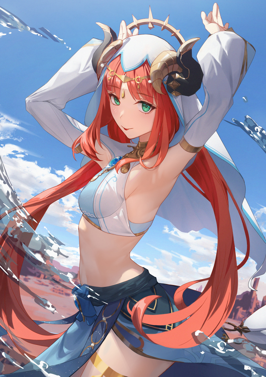 1girl, :p, absurdres, aoba_ao, armpits, arms_up, black_horns, blue_skirt