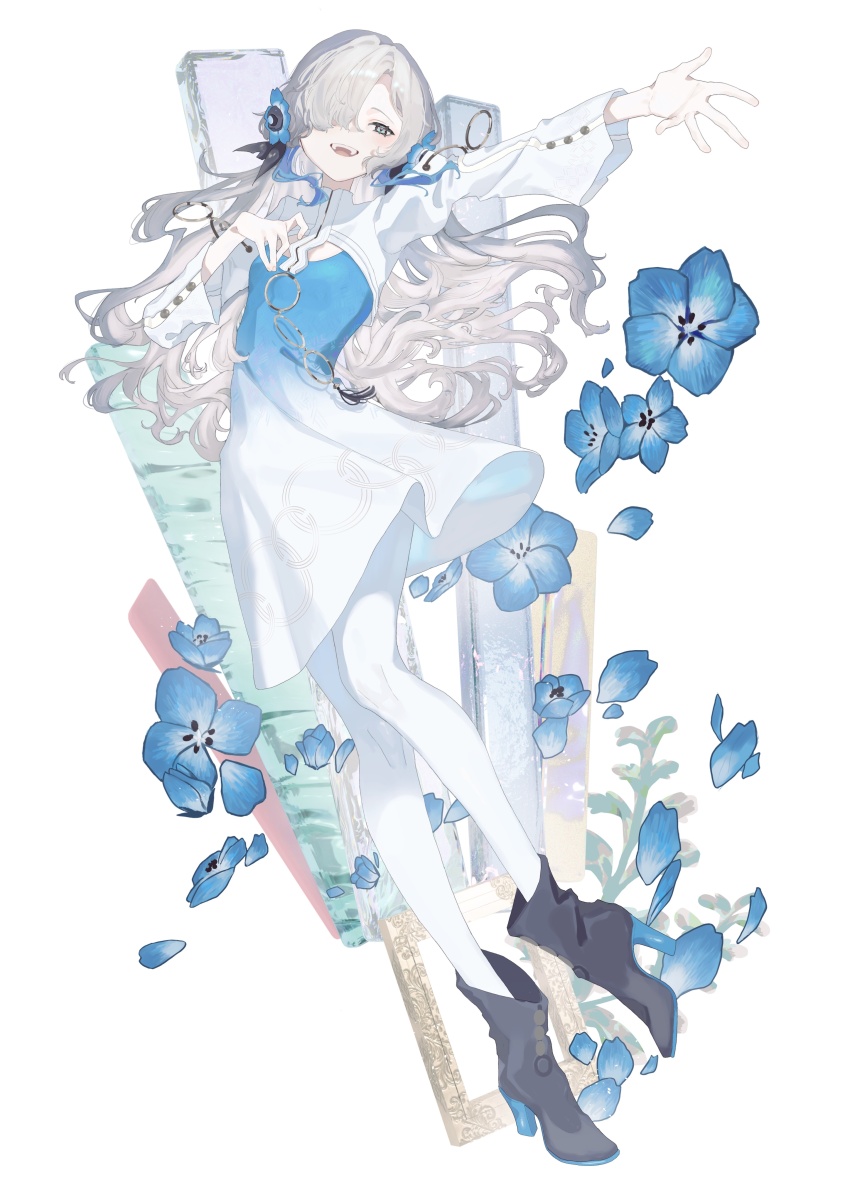 1girl, absurdres, blue_flower, blue_hair, blush, boots, dress, flower