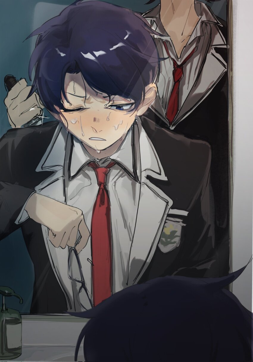 2boys, acminaasonde, black_hair, black_jacket, blue_eyes, blue_hair, chaos;child, collarbone