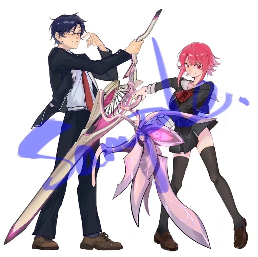 1boy, 1girl, acminaasonde, belt, black_jacket, black_pants, black_thighhighs, blue_eyes