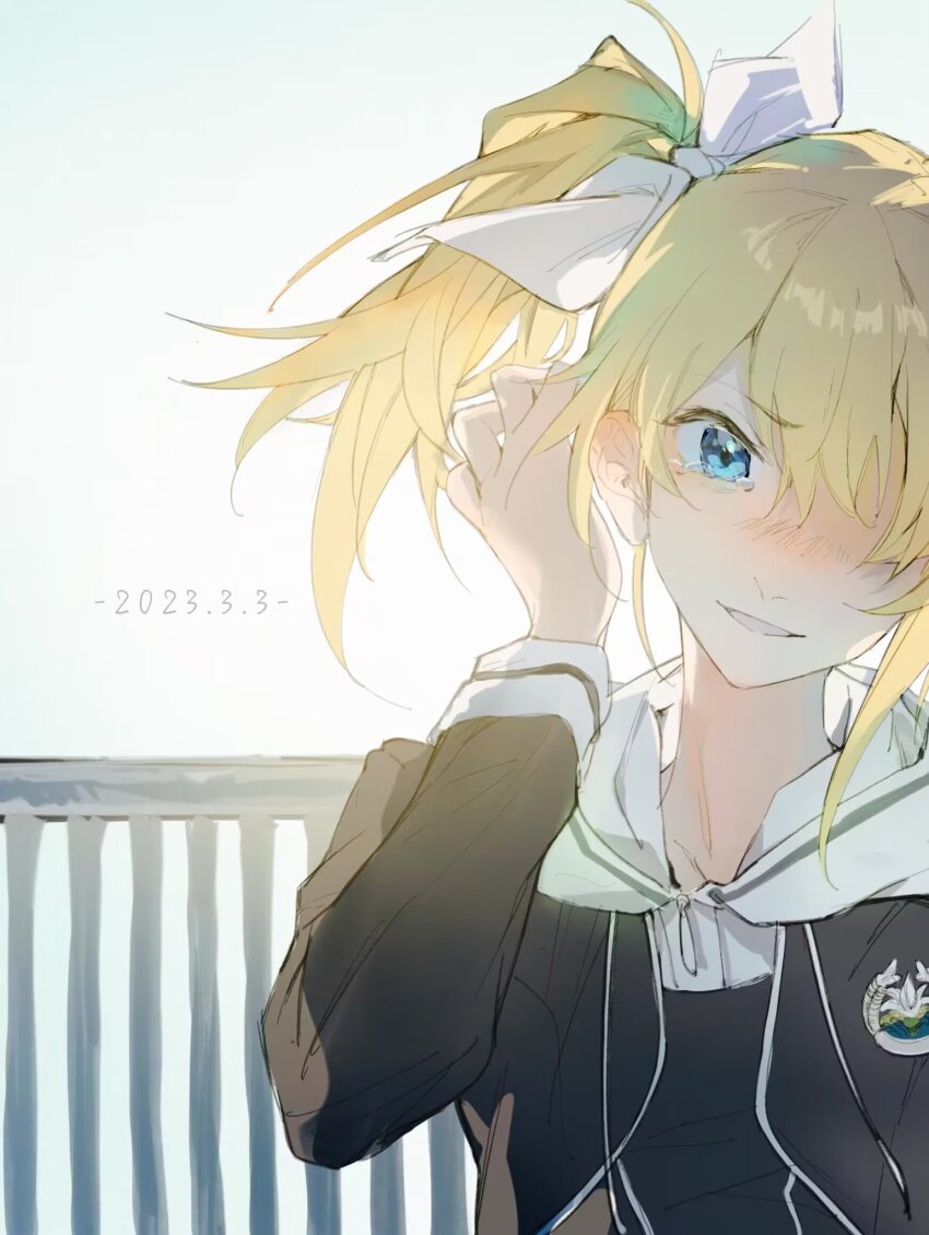 1girl, acminaasonde, arimura_hinae, blonde_hair, blue_eyes, blush, chaos;child, cropped_jacket