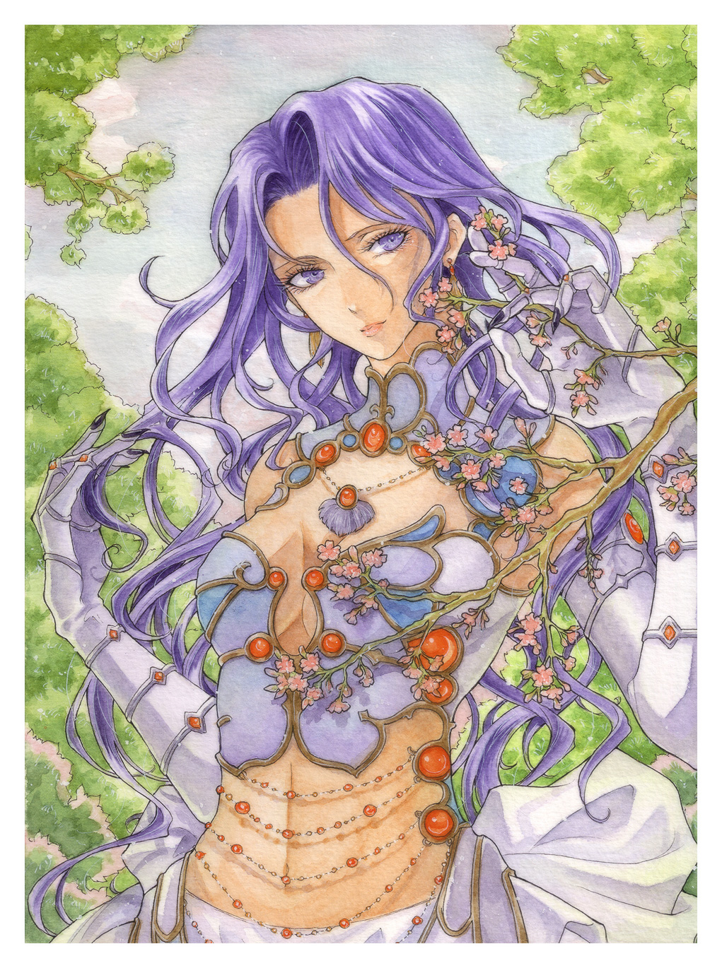 1girl, agent_051, border, branch, breasts, cleavage, closed_mouth, earrings