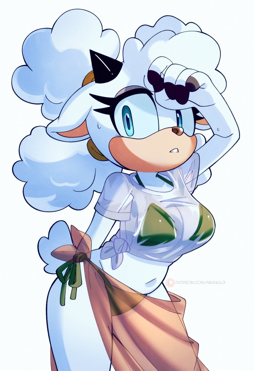 1girl, absurdres, alternate_costume, animal_ears, animal_nose, arm_behind_back, arm_up, bikini, bikini_under_clothes, black_horns, blue_eyes, body_fur, breasts, cleavage, earrings, eyeshadow, furry, furry_female, green_bikini, highres, horns, jewelry, lanolin_the_sheep, large_breasts, looking_at_viewer, makeup, midriff, navel, nikkikaji, parted_lips, sarong, see-through_clothes, see-through_shirt, sega, sheep_ears, sheep_girl, shirt, short_sleeves, side-tie_bikini_bottom, single_horn, solo, sonic_(series), sonic_the_hedgehog_(idw), standing, stomach, sweat, swimsuit, t-shirt, tail, tied_shirt, wet, wet_clothes, wet_shirt, white_fur, white_hair, white_shirt