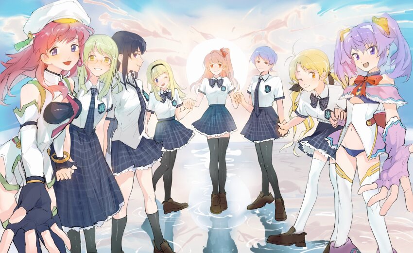 6+girls, acminaasonde, antenna_hair, aoi_sena, bandeau, black_bandeau, black_gloves, black_panties, black_socks, black_thighhighs, boots, bow, bowtie, chaos;head, chaos;head_love_chu_chu!, closed_mouth, collared_shirt, detached_sleeves, dress_shirt, earrings, erin-fray_orgel, fingerless_gloves, gloves, green_trim, hair_bow, highres, jewelry, kishimoto_ayase, kneehighs, kusunoki_yua, long_skirt, magical_girl, miniskirt, multiple_girls, necktie, nishijou_nanami, one_side_up, open_mouth, orihara_kozue, panties, pink_eyes, pink_hair, plaid_bow, plaid_bowtie, plaid_clothes, plaid_necktie, plaid_skirt, plaid_sleeves, pleated_skirt, purple_bow, purple_bowtie, purple_eyes, purple_skirt, red_necktie, sakihata_rimi, school_emblem, school_uniform, science_adventure, seira_orgel, shirt, short_sleeves, skirt, smile, socks, suimei_academy_school_uniform, summer_uniform, thighhighs, underwear, white_boots, white_shirt, white_sleeves, white_thighhighs
