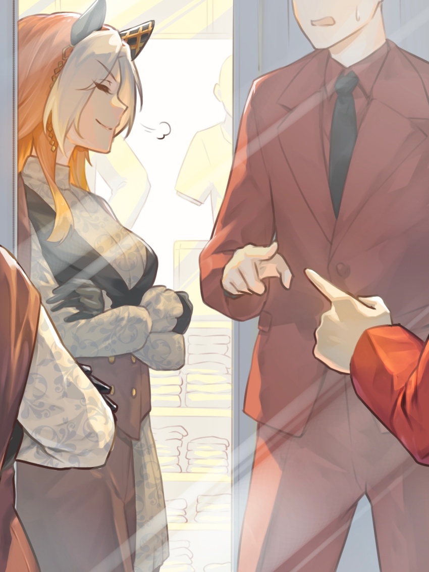 1boy, 1girl, animal_ears, black_necktie, closed_eyes, closed_mouth, crypthiyama, ear_covers