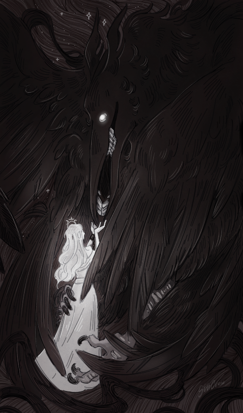 1boy, 1girl, beak, chain, chained, commentary, creature, dress, english_commentary, eye_contact, greyscale, hands_up, long_hair, looking_at_another, monochrome, princess_(slay_the_princess), slay_the_princess, starlightsuncrow, the_long_quiet_(slay_the_princess)