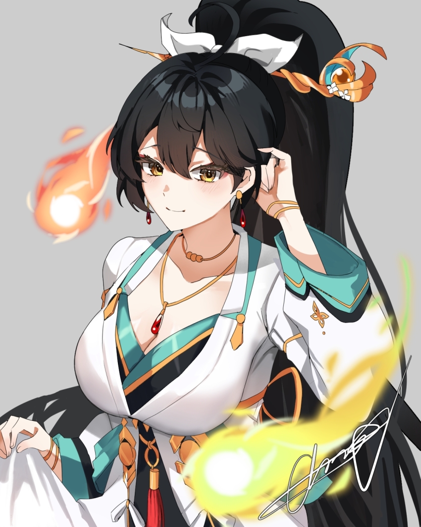 1girl, ara_haan, asdff9919, black_hair, breasts, cleavage, commentary, earrings