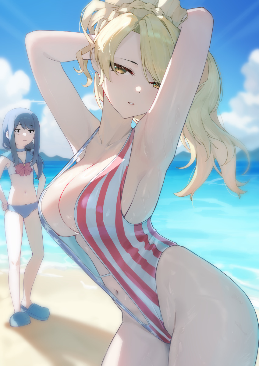 2girls, absurdres, alternate_skin_color, american_flag, american_flag_print, armpits, arms_behind_head, arms_up