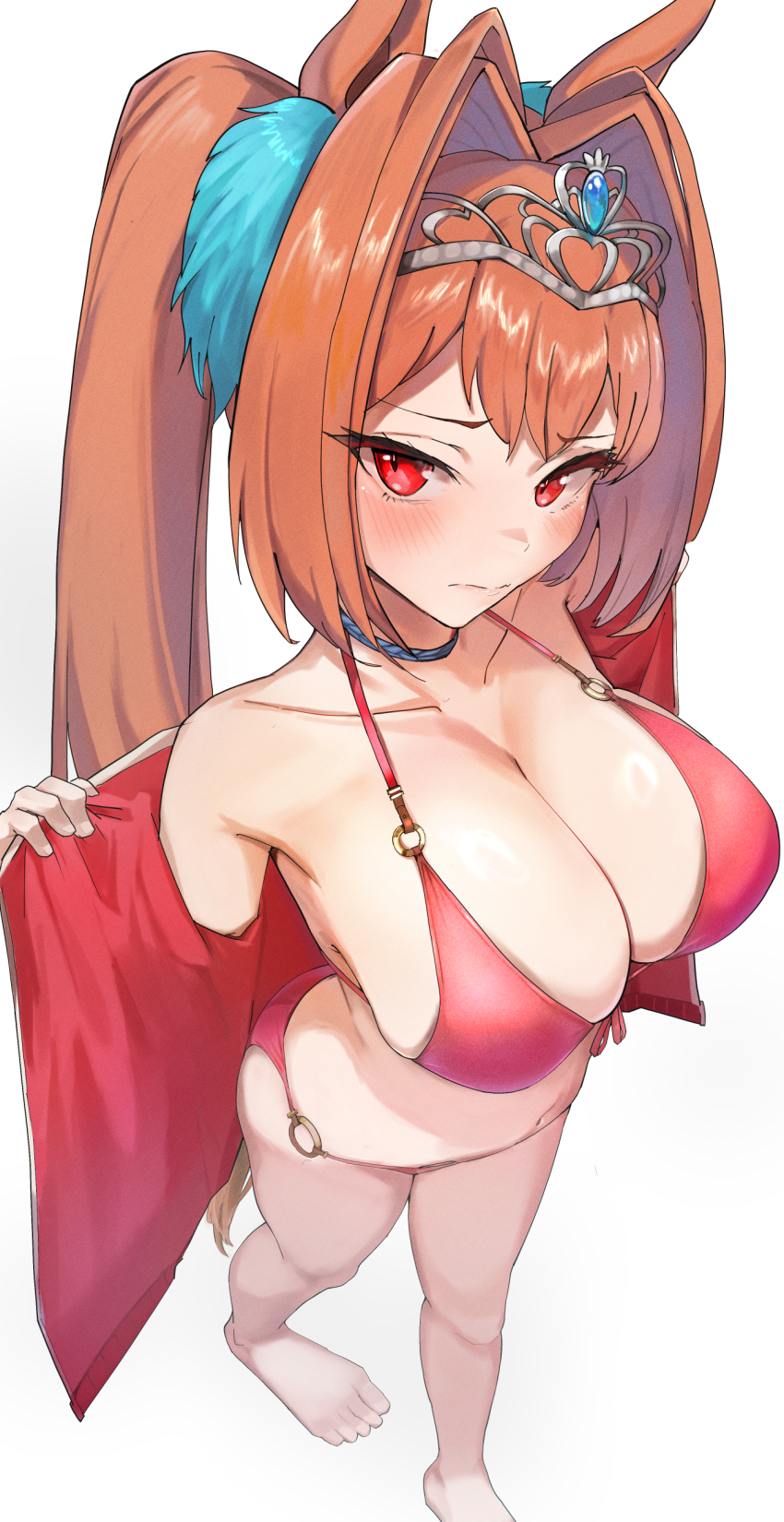 1girl, absurdres, amepa_(ame_pinecandy), animal_ears, barefoot, bikini, blush, breasts