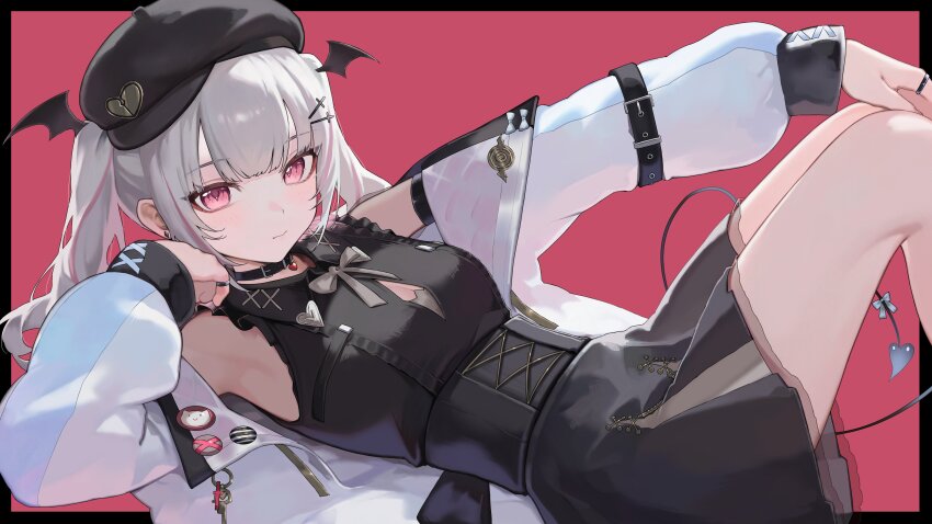 1girl, absurdres, asumi_sena, asumi_sena_(3rd_costume), black_border, black_hat, black_shirt, black_wings, blush, border, closed_mouth, commentary_request, demon_tail, grey_hair, hat, head_wings, highres, jacket, looking_at_viewer, lying, multicolored_hair, on_back, open_clothes, open_jacket, outside_border, pink_eyes, pink_hair, red_background, shirt, solo, streaked_hair, tail, tsukishiro_yashiro, two-tone_hair, virtual_youtuber, vspo!, white_jacket, wings