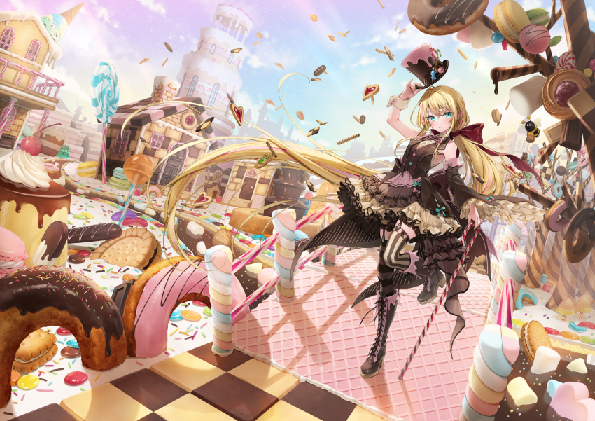 1girl, absurdly_long_hair, aqua_bow, aqua_eyes, arm_up, asymmetrical_legwear, bare_shoulders, bee, block_heels, blonde_hair, blue_sky, blush, boots, bow, bridge, brown_dress, brown_hat, bug, building, butter, buttons, candy, candy_cane, cherry, chocolate, chocolate-covered_food, chocolate_fountain, closed_mouth, commentary_request, cookie, cream, criss-cross_strings, day, dessert, detached_sleeves, donut, dress, floating_hair, food, frilled_dress, frilled_sleeves, frills, fruit, full_body, garter_straps, gelatin, gradient_sky, hair_between_eyes, hair_ribbon, hat, highres, holding, holding_candy, holding_candy_cane, holding_food, holding_unworn_clothes, holding_unworn_hat, house, insect, jelly_bean, kakao_rantan, light_particles, lollipop, long_hair, long_sleeves, looking_at_viewer, macaron, marshmallow, multicolored_hair, original, outdoors, pancake, pink_streaks, pudding, ribbon, sidelocks, single_detached_sleeve, sky, smile, solo, sprinkles, standing, standing_on_one_leg, streaked_hair, striped_clothes, striped_thighhighs, sweets, sweets_house, syrup, thigh_boots, thighhighs, unworn_hat, unworn_headwear, very_long_hair, wafer, wafer_stick, white_wrist_cuffs, wing_collar, wrist_cuffs