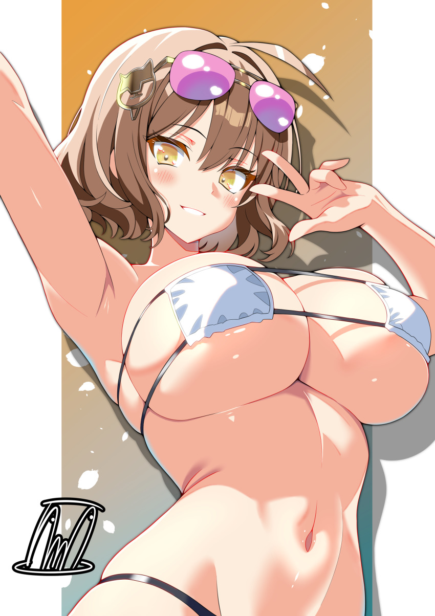 1girl, absurdres, ahoge, anis_(nikke), anis_(sparkling_summer)_(nikke), arm_up, armpits, artist_name