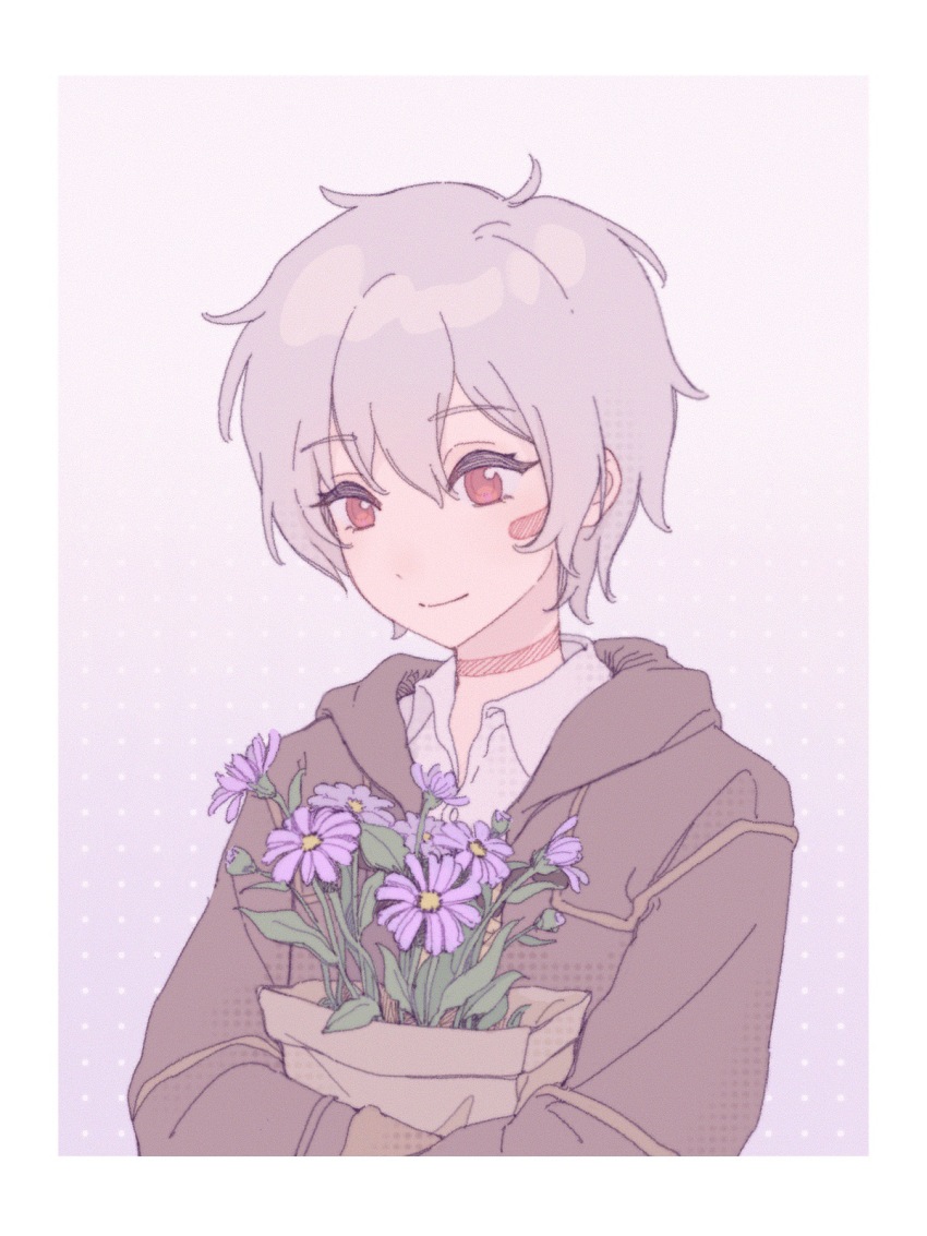 1boy, border, brown_jacket, collared_shirt, flower, flower_pot, gradient_background, grapeoolongteaaa, grey_hair, highres, holding, holding_flower_pot, hood, hooded_jacket, jacket, male_focus, no.6, purple_flower, red_eyes, shion_(no.6), shirt, short_hair, solo, upper_body, white_border, white_shirt