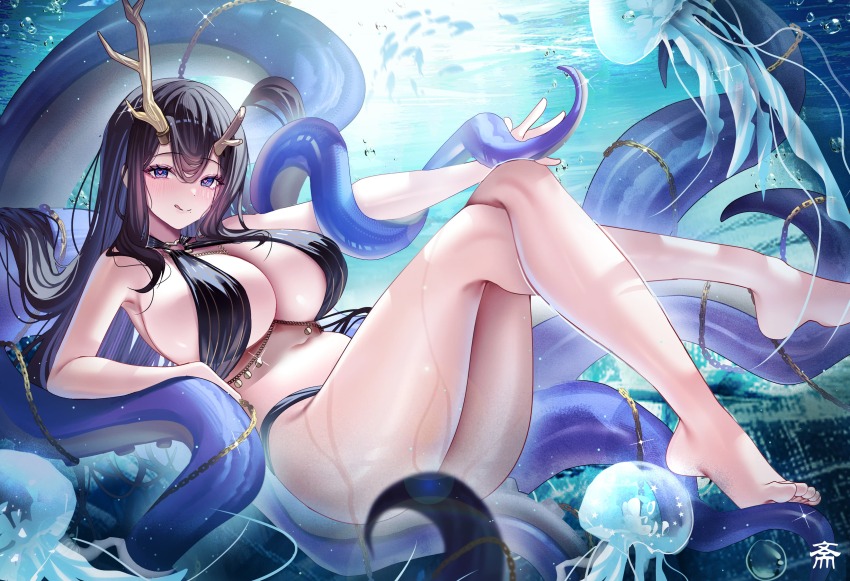 1girl, absurdres, antlers, asymmetrical_antlers, azur_lane, bare_legs, bare_shoulders, barefoot