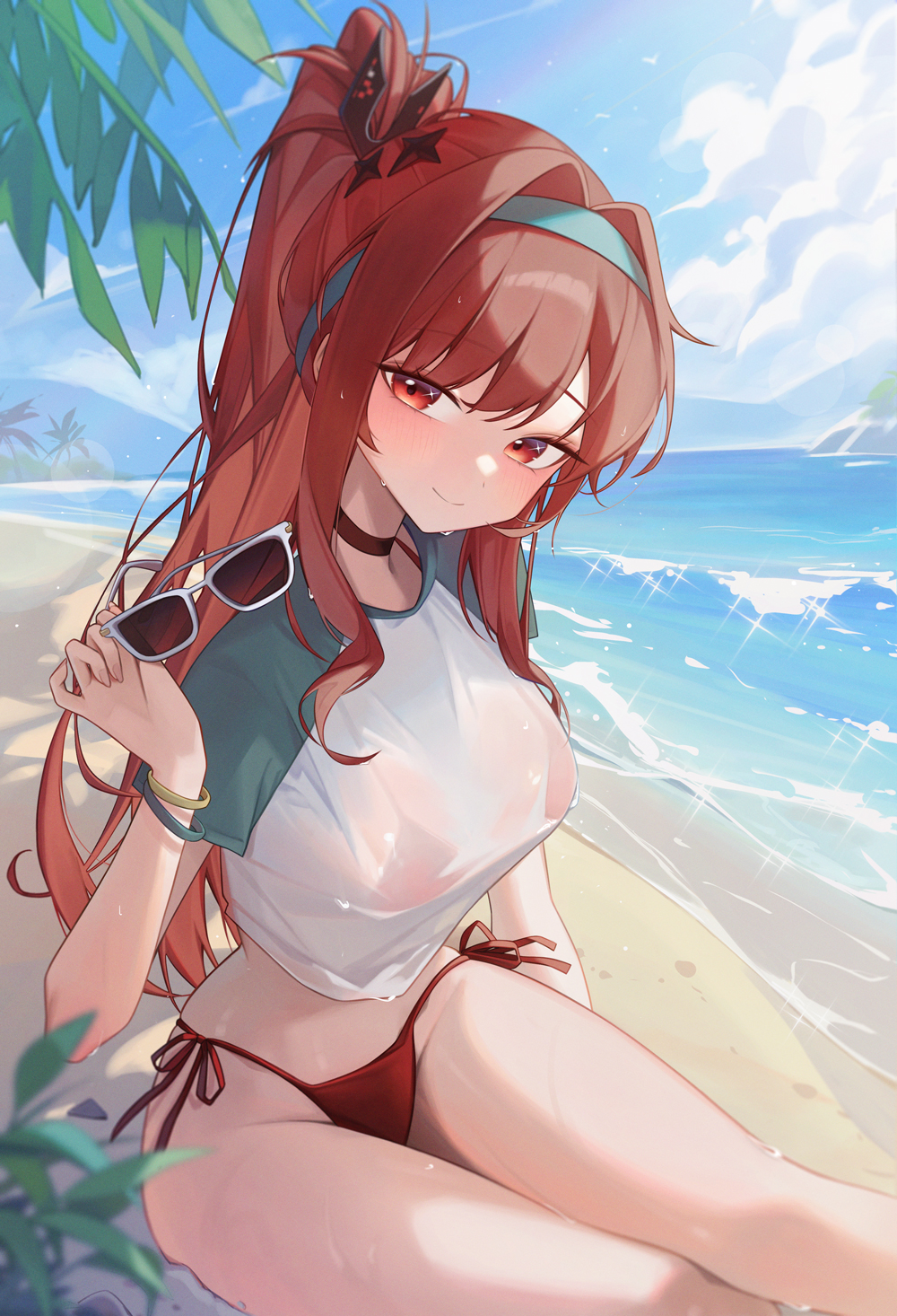1girl, beach, bikini, bikini_under_clothes, bikini_visible_through_clothes, breasts, choker, closed_mouth