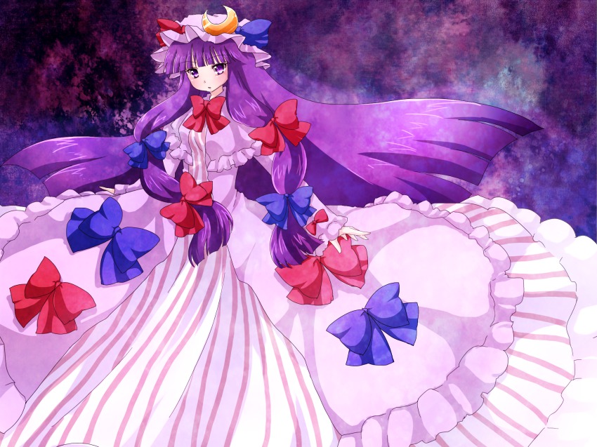 1girl, female_focus, gradient_background, hat, highres, kurageu, long_hair, patchouli_knowledge