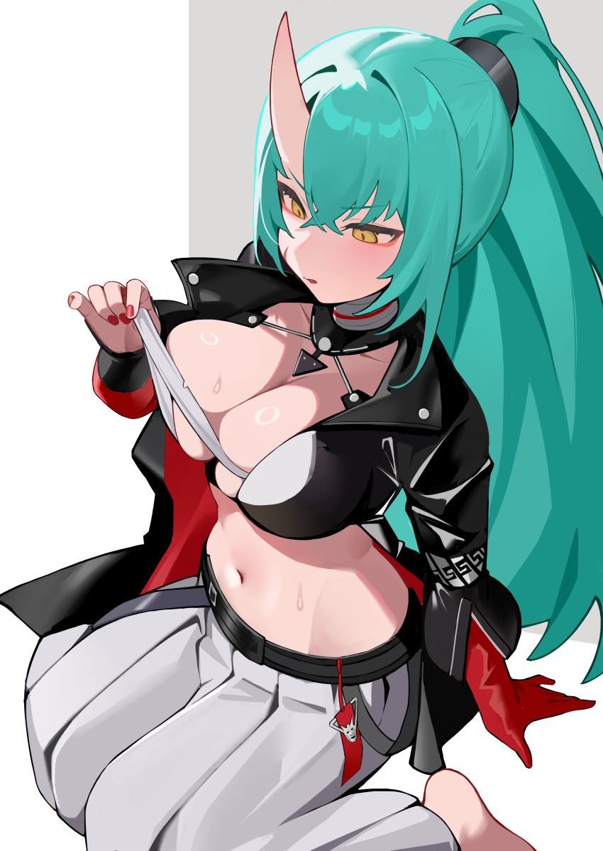 1girl, absurdres, arknights, black_jacket, breasts, cleavage, commentary_request, crossed_bangs, facial_scar, fingernails, gloves, green_hair, grey_skirt, groin, hair_between_eyes, hei_tudou, highres, horns, hoshiguma_(arknights), hoshiguma_the_breacher_(arknights), jacket, large_breasts, long_hair, long_skirt, looking_at_breasts, midriff, nail_polish, navel, open_clothes, open_jacket, parted_lips, pleated_skirt, ponytail, red_gloves, red_nails, scar, scar_on_cheek, scar_on_face, single_glove, single_horn, sitting, skin-covered_horns, skirt, solo, sweat, wariza, yellow_eyes