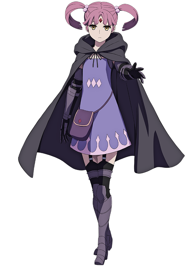 1girl, anime_coloring, armor, bag, black_cloak, black_gloves, black_thighhighs, clevatess:_majuu_no_ou_to_akago_to_shikabane_no_yuusha, cloak, closed_mouth, detached_sleeves, dress, empty_eyes, forehead_jewel, full_body, garter_belt, gauntlets, gem, gloves, greaves, looking_at_viewer, medium_hair, naie_chiffonlitz, off-shoulder_dress, off_shoulder, official_art, open_hand, outstretched_arm, parted_bangs, pink_hair, purple_bag, purple_dress, reaching, reaching_towards_viewer, red_gem, sako_souichirou, shoulder_bag, simple_background, solo, spread_fingers, standing, thighhighs, thighs, transparent_background, twintails