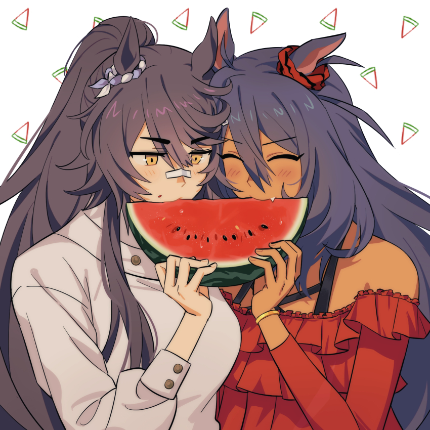 2girls, ^_^, animal_ears, bandaid, bandaid_on_face, bandaid_on_nose, bare_shoulders, black_hair, blue_hair, blush, bracelet, breasts, closed_eyes, commentary, dark-skinned_female, dark_skin, ear-to-ear, ear_ornament, ear_scrunchie, eating, fang, food, frilled_shirt, frills, fruit, gold_bracelet, hair_between_eyes, heads_together, highres, hishi_amazon_(umamusume), holding, holding_food, horse_ears, horse_girl, hwipa_(param_blue), jewelry, jitome, korean_commentary, long_hair, multiple_girls, narita_brian_(umamusume), off-shoulder_shirt, off_shoulder, ponytail, red_shirt, shared_food, shirt, sidelocks, umamusume, upper_body, watermelon, watermelon_slice, white_shirt, yellow_eyes