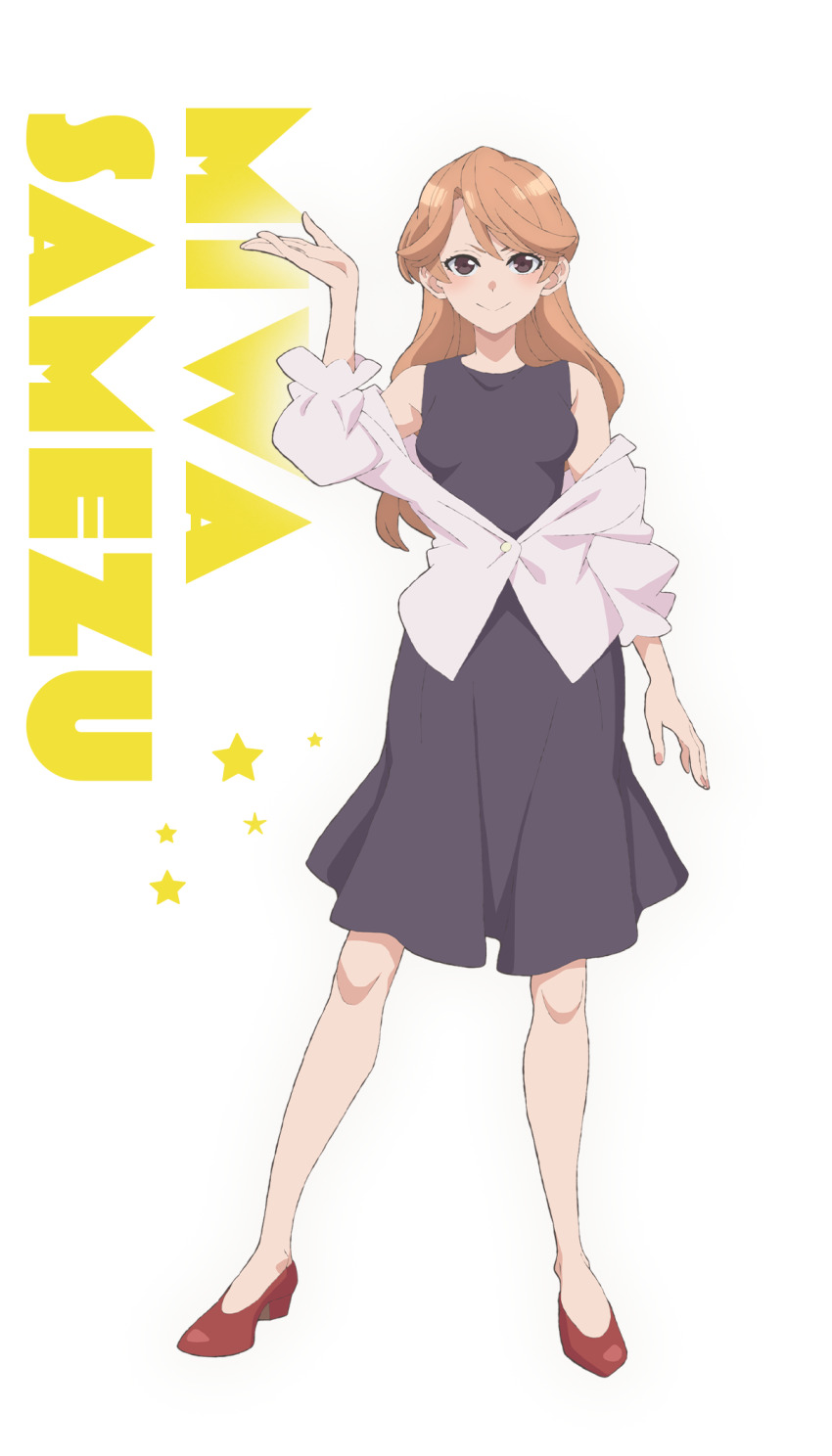 1girl, anime_coloring, arm_up, breasts, brown_eyes, brown_hair, character_name, closed_mouth, dress, english_text, full_body, grey_dress, high_heels, highres, jacket, long_hair, looking_at_viewer, medium_breasts, official_art, oota_kenji, open_clothes, open_hand, open_jacket, samezu_miwa, simple_background, sleeveless, smile, solo, standing, star_(symbol), transparent_background, uchuujin_muumuu, v-shaped_eyebrows