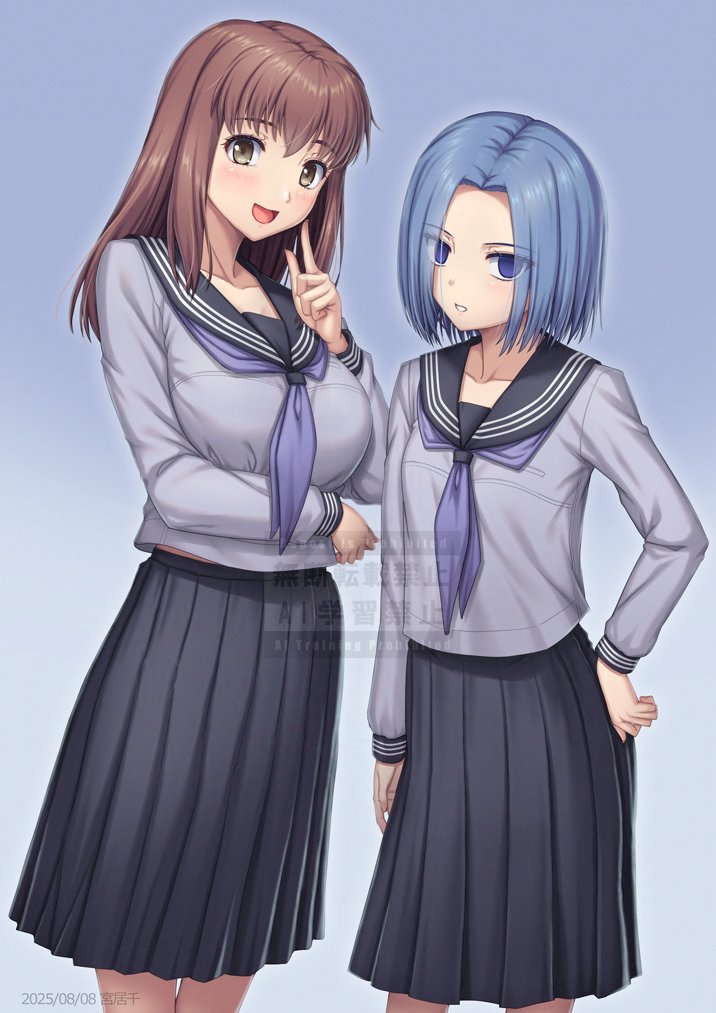 2girls, :d, alternate_costume, asagami_private_girls_acadamy_uniform, black_skirt, blue_eyes, blue_hair, breasts