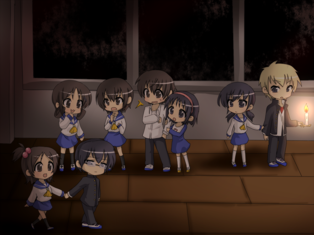 3boys, 5girls, :3, black_eyes, black_hair, black_legwear, blonde_hair, brown_eyes, brown_hair, candle, chibi, corpse_party, curly_hair, glasses, hair_bobbles, hair_ornament, hairband, holding_hands, indoors, kishinuma_yoshiki, kurageu, long_hair, mochida_satoshi, mochida_yuka, morishige_sakutarou, multiple_boys, multiple_girls, nakashima_naomi, open_mouth, school_dress, school_uniform, shinohara_seiko, shinozaki_ayumi, shoes, short_hair, short_twintails, smile, suzumoto_mayu, sweatdrop, twintails, uwabaki, white_legwear