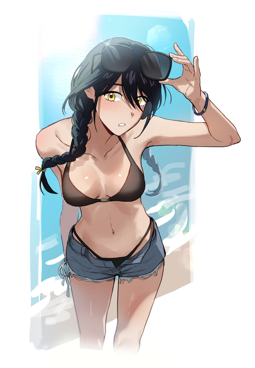 1girl, absurdres, adjusting_eyewear, beach, bikini, bikini_under_clothes, black_bikini, black_hair, blush, bow, bracelet, braid, braided_twintails, breasts, cropped_legs, denim, denim_shorts, gundam, gundam_gquuuuuux, hair_bow, highres, jewelry, long_hair, looking_at_viewer, low_twin_braids, medium_breasts, navel, nyaan_(gundam_gquuuuuux), open_mouth, otakulifewow, sand, shorts, solo, sunglasses, swimsuit, twin_braids, water, yellow_eyes