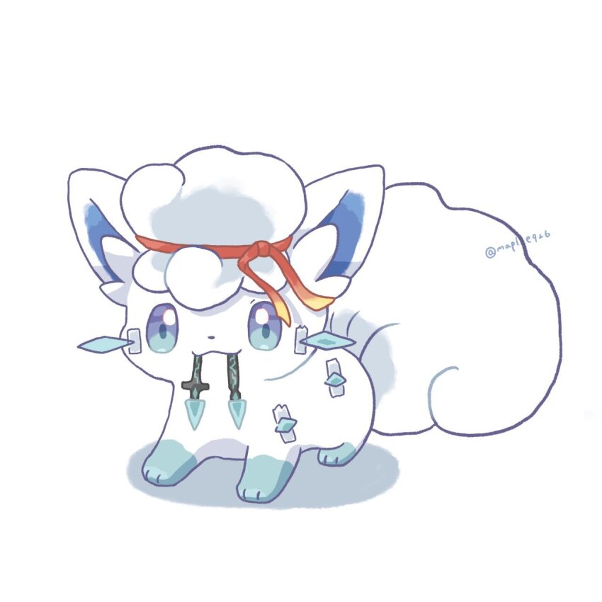 alolan_form, alolan_vulpix, animal_focus, blue_eyes, chien-pao, chien-pao_(cosplay), closed_mouth, cosplay, fangs, full_body, gen_7_pokemon, headband, highres, kana_(maple926), looking_at_viewer, nintendo, no_humans, pokemon, pokemon_(creature), pokemon_focus, simple_background, smile, tail, tape, tusks, white_background, white_fur