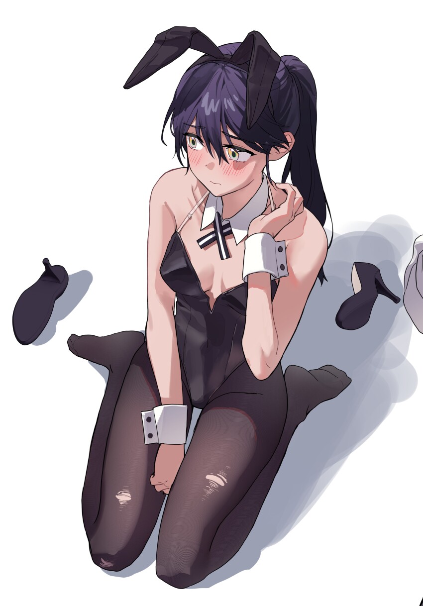 1girl, absurdres, animal_ears, black_hair, black_leotard, blush, breasts, cleavage, detached_collar, fake_animal_ears, from_above, gundam, gundam_gquuuuuux, highres, leotard, long_hair, medium_breasts, nyaan_(gundam_gquuuuuux), otakulifewow, pantyhose, playboy_bunny, ponytail, shoes, simple_background, sitting, solo, torn_clothes, torn_pantyhose, unworn_shoes, wariza, white_background, wrist_cuffs, yellow_eyes
