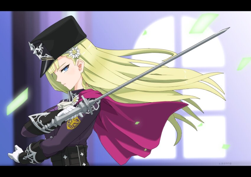 ascot, black_hat, blonde_hair, blue_eyes, blue_pupils, blunt_bangs, clarice_(rune_factory), flower