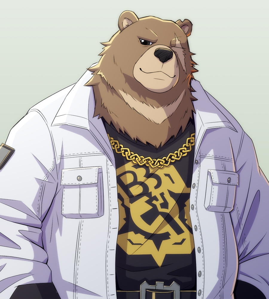 1boy, animal_ears, bear_boy, bear_ears, ben_bigger, black_tank_top, brown_fur, chain