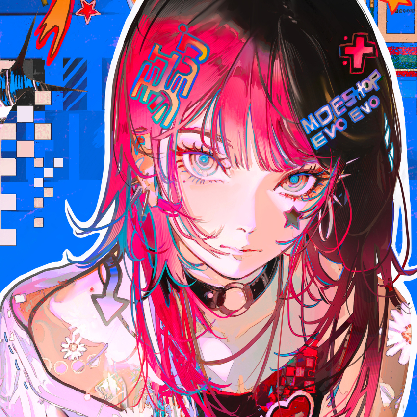 1girl, black_choker, black_hair, blue_eyes, choker, closed_mouth, commentary_request, facial_mark