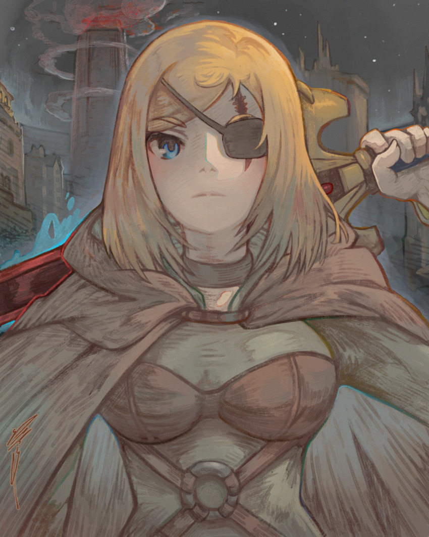1girl, alicia_glenfall, blonde_hair, blue_eyes, breasts, brown_choker, brown_cloak, choker, clevatess:_majuu_no_ou_to_akago_to_shikabane_no_yuusha, cloak, closed_mouth, commentary, english_commentary, eyepatch, frown, highres, holding, holding_behind_back, holding_sword, holding_weapon, holding_weapon_behind_back, jjfsantos, large_breasts, looking_at_viewer, medium_hair, night, outdoors, scar, scar_across_eye, scar_on_face, sky, solo, sword, upper_body, weapon