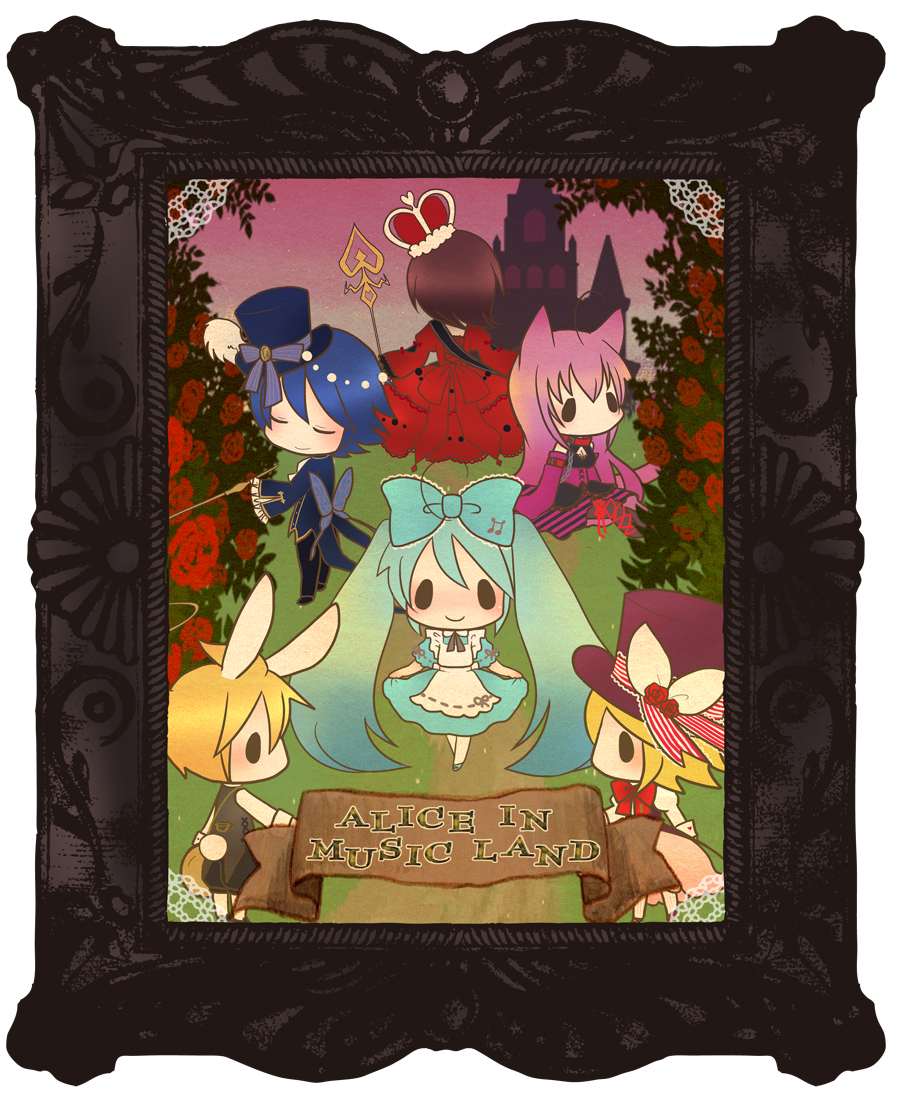 2boys, 4girls, alice_in_musicland_(vocaloid), animal_ears, aqua_hair, black_hair, blonde_hair, blue_hair, blush, bow, brown_hair, cat_ears, cat_tail, chibi, closed_eyes, crown, flower, framed, hair_bow, hat, hatsune_miku, kagamine_len, kagamine_rin, kaito_(vocaloid), long_hair, megurine_luka, meiko_(vocaloid), multiple_boys, multiple_girls, picture_frame, rabbit_ears, rabbit_tail, scepter, tail, top_hat, twintails, very_long_hair, vocaloid, y_ojisan