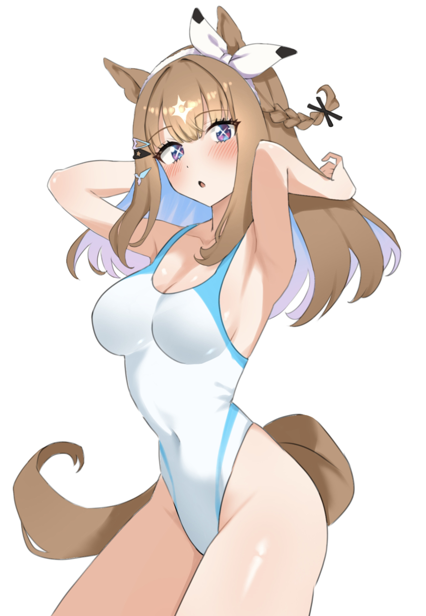 +_+, 1girl, absurdres, almond_eye_(umamusume), alternate_costume, animal_ears, anok7456, armpits