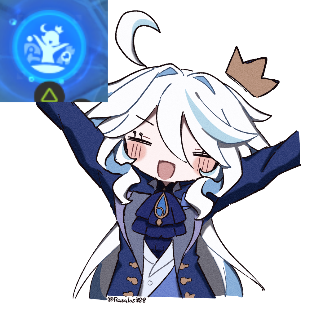 1girl, ahoge, ascot, blue_ascot, blue_gem, blue_hair, blue_jacket, brooch, crown, furina_(genshin_impact), gameplay_mechanics, gem, genshin_impact, jacket, jewelry, long_hair, mini_crown, multicolored_hair, open_mouth, ouji_fashion, rasarasu, solo, streaked_hair, twitter_username, white_hair