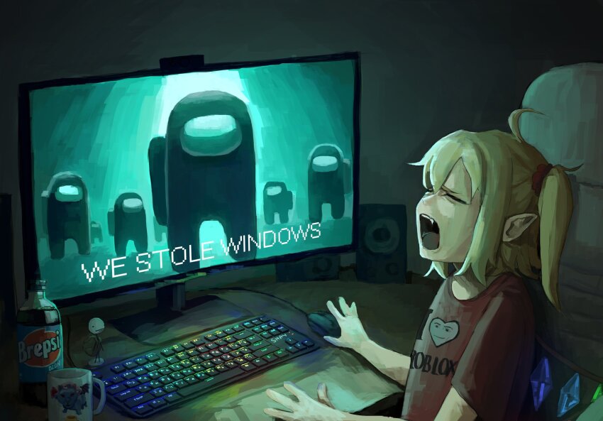 1girl, ahoge, alternate_costume, among_us, blonde_hair, bottle, brand_name_imitation, chair, closed_eyes, commentary, computer_keyboard, computer_mouse, crewmate_(among_us), cup, desk, english_commentary, figure, flandre_scarlet, highres, huh?_cat_(meme), li_shay, meme, monitor, mug, one_side_up, open_mouth, pointy_ears, pokerface, print_shirt, rage_comic, rgb_lights, roblox, roblox_man_face_(meme), shirt, short_sleeves, soda_bottle, solo, t-shirt, touhou, wings