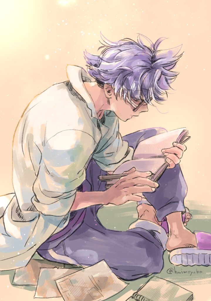 1boy, blue_pants, book, closed_mouth, coat, collared_coat, fingernails, glasses