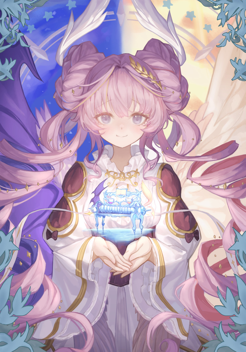 1girl, absurdres, angel_wings, blush, braid, closed_mouth, demon_wings, double_bun