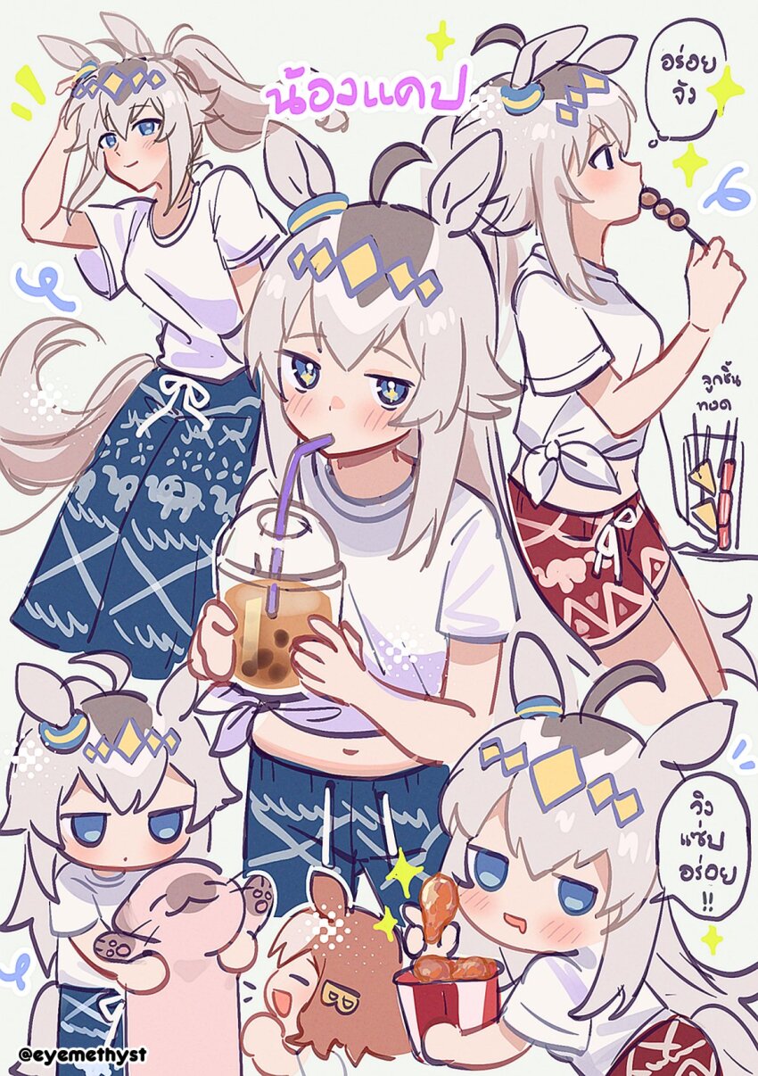 2girls, ahoge, animal_ears, belno_light_(umamusume), blue_eyes, blush, bow, breasts