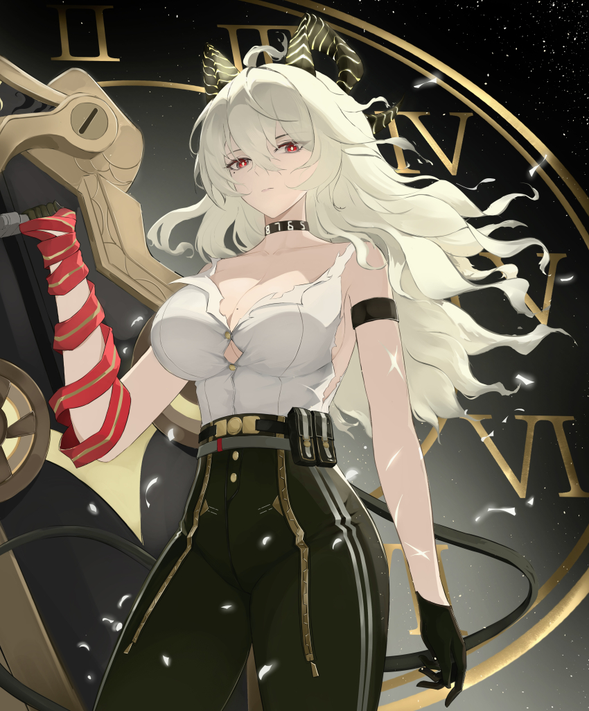 1girl, absurdres, ahoge, arm_strap, black_choker, black_gloves, black_horns, black_pants, black_tail, blonde_hair, breasts, bright_pupils, button_gap, choker, cleavage, collarbone, commentary, cowboy_shot, curled_horns, gloves, hair_between_eyes, high-waist_pants, highres, holding, holding_shield, horns, kai_(zzdv7453), large_breasts, long_hair, looking_at_viewer, mole, mole_under_eye, necktie, necktie_around_wrists, pants, red_eyes, red_necktie, shield, shirt, shirt_tucked_in, solo, tail, tight_clothes, tight_pants, white_pupils, white_shirt, wuthering_waves, zani_(wuthering_waves)