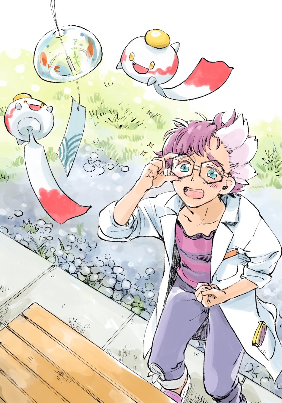 1boy, adjusting_eyewear, arm_up, black-framed_eyewear, blue_eyes, blue_pants, chimecho, coat