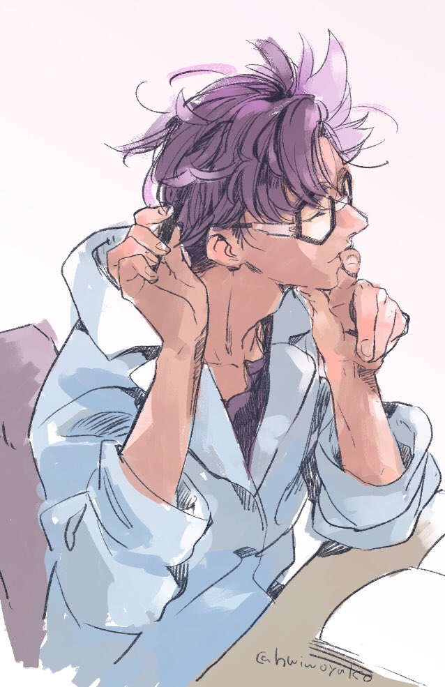 1boy, adam's_apple, arm_up, black-framed_eyewear, book, chair, closed_mouth, coat