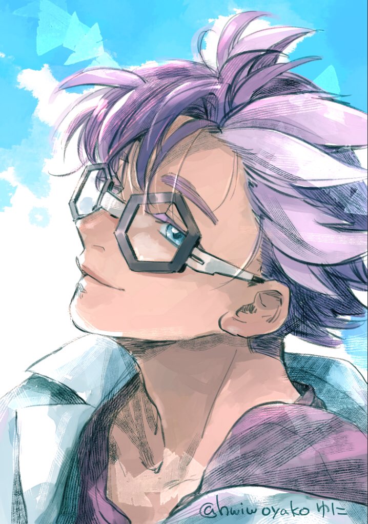 1boy, adam's_apple, black-framed_eyewear, blue_eyes, closed_mouth, coat, commentary_request, dark-skinned_male