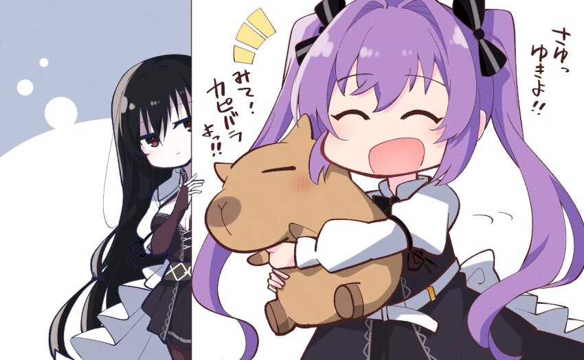 2girls, :d, ^_^, aoki_kaho, assault_lily, belt, black_bow, black_dress