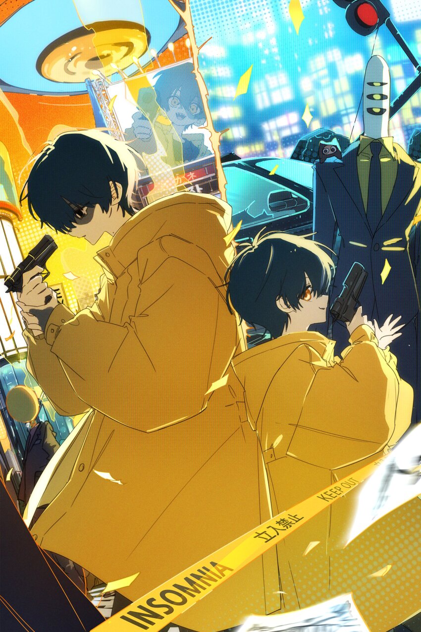 absurdres, aged_down, black_hair, black_suit, burn_scar, car, caution_tape, collared_shirt, crying, crying_with_eyes_open, eve_(musician), formal_clothes, fuchi_sunao, gun, highres, holding, holding_gun, holding_weapon, insomnia_(song), jacket, keep_out, male_focus, motor_vehicle, mr._creepy_pasta, raincoat, scar, shirt, sioumio, smile, suit, suit_jacket, tears, traffic_light, weapon, yellow_eyes, yellow_raincoat, yellow_shirt