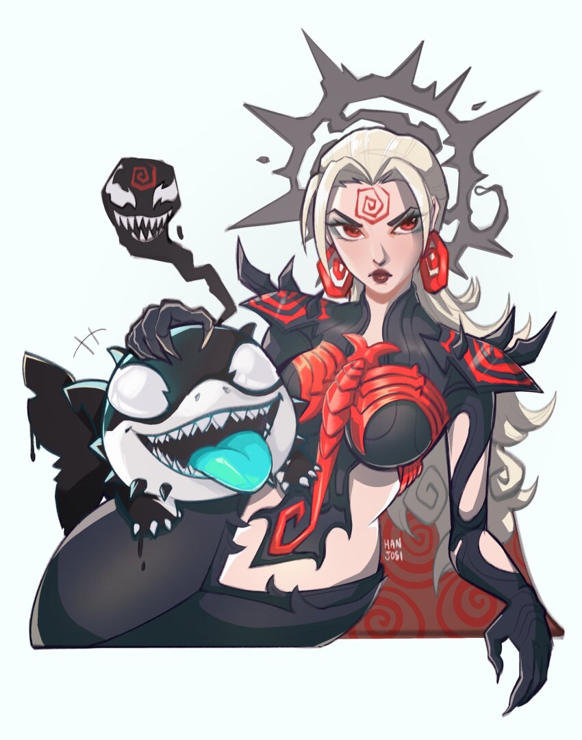 1girl, absurdres, black_gloves, breasts, cape, colored_skin, gloves, green_eyes